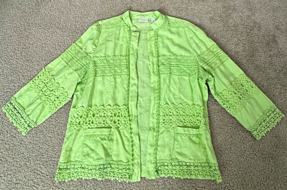 Chicos Size 2 L Lime Green Linen Cotton Embroidered Crochet Jacket Boho